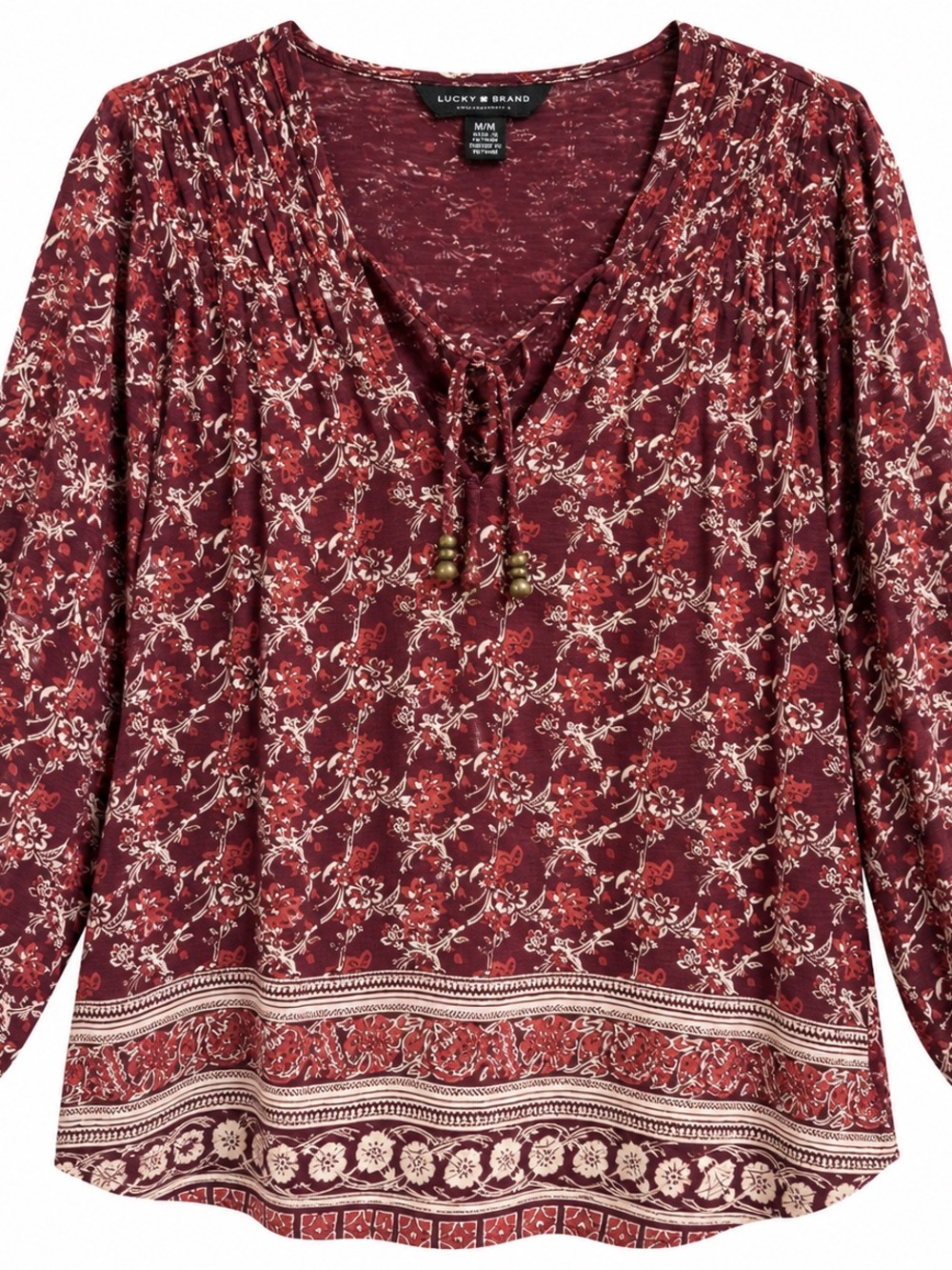 Lucky Brand Burgundy Floral Tassel Peasant Blouse #146
